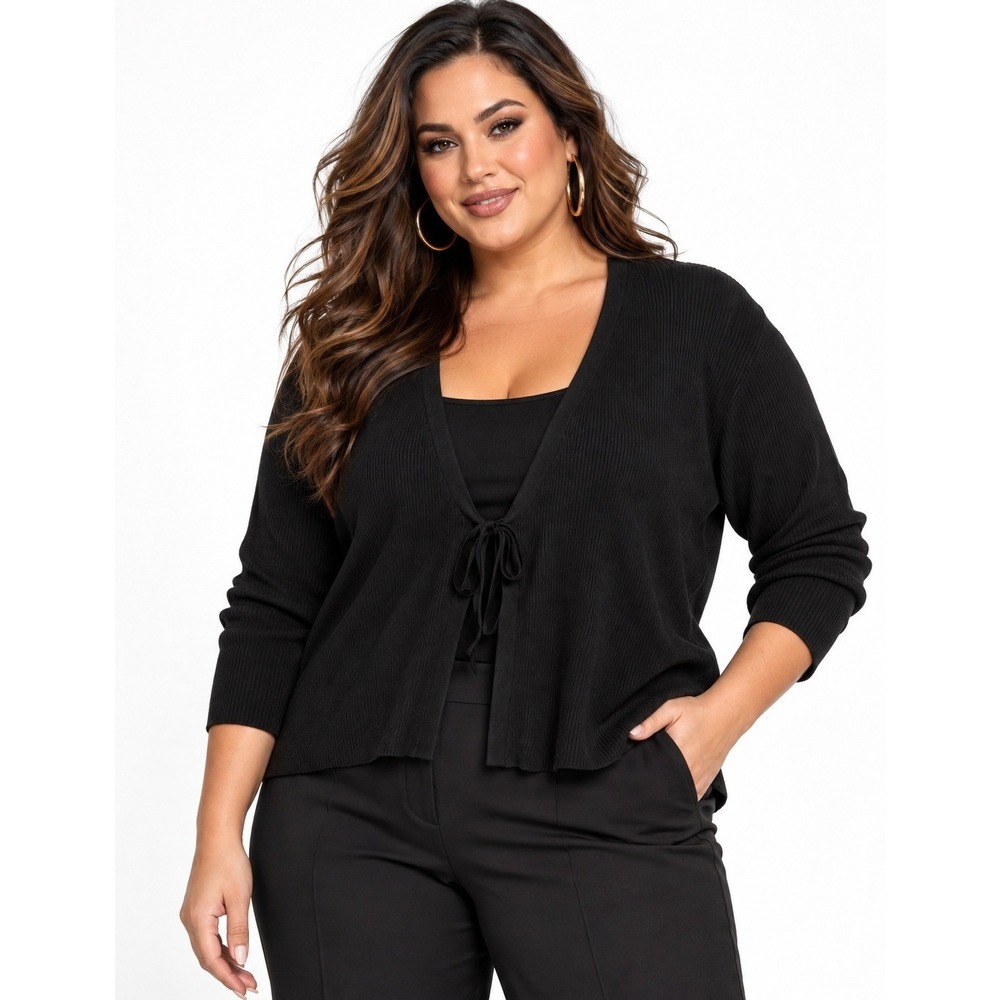 Les Serein Velvet Bow Front Cardigan‎ Women 1X Black NWT